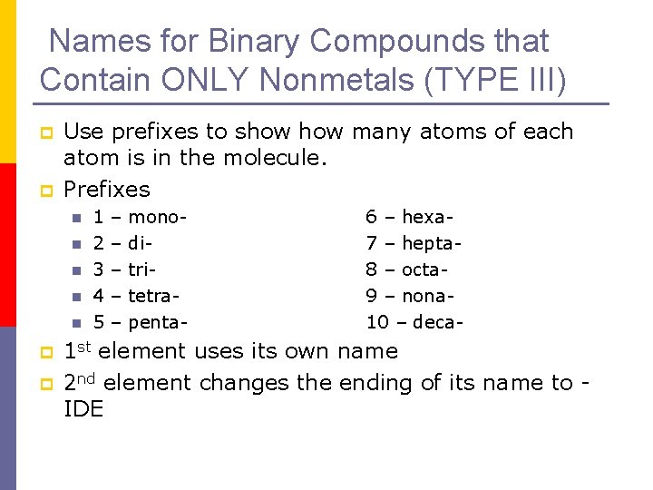 Names for Binary Compounds that Contain ONLY Nonmetals (TYPE III) p p Use prefixes