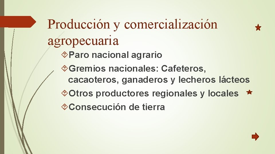 Producción y comercialización agropecuaria Paro nacional agrario Gremios nacionales: Cafeteros, cacaoteros, ganaderos y lecheros