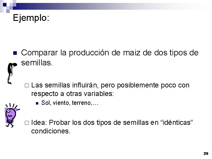 Ejemplo: n Comparar la producción de maiz de dos tipos de semillas. ¨ Las