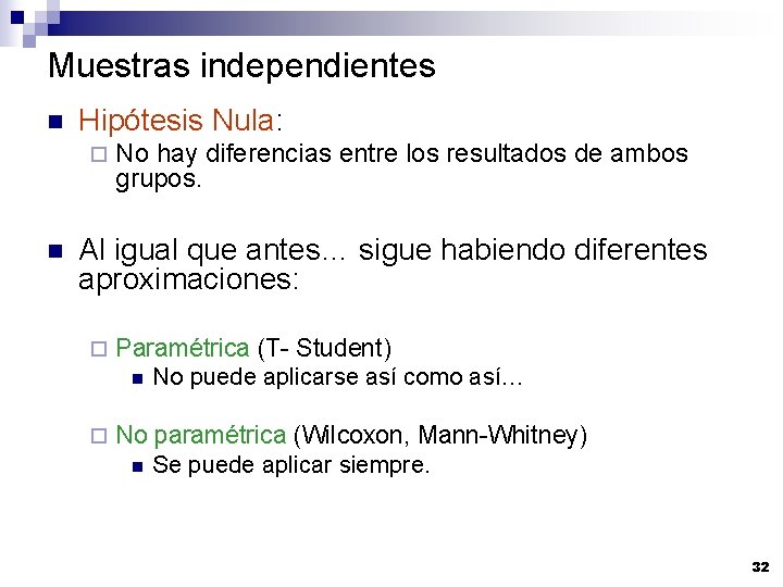 Muestras independientes n Hipótesis Nula: ¨ n No hay diferencias entre los resultados de