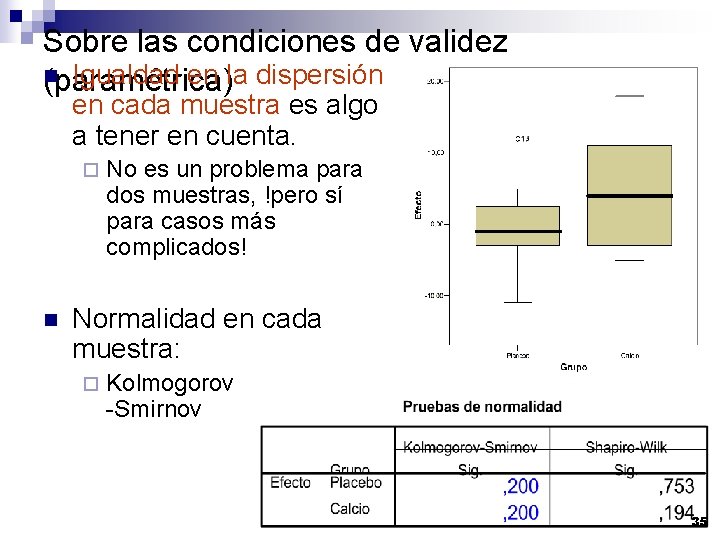 Sobre las condiciones de validez n Igualdad en la dispersión (paramétrica) en cada muestra