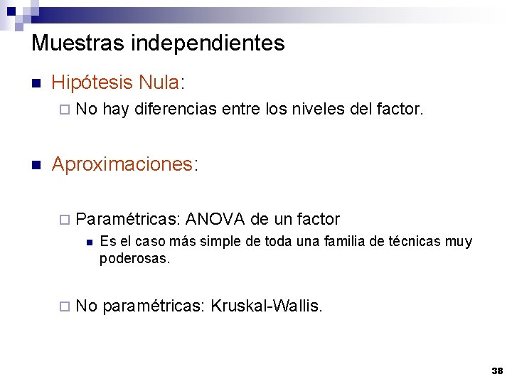 Muestras independientes n Hipótesis Nula: ¨ n No hay diferencias entre los niveles del