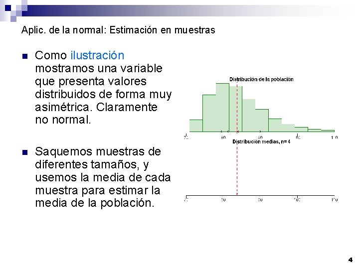 Aplic. de la normal: Estimación en muestras n Como ilustración mostramos una variable que