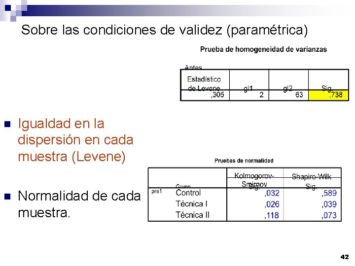 Sobre las condiciones de validez (paramétrica) n Igualdad en la dispersión en cada muestra