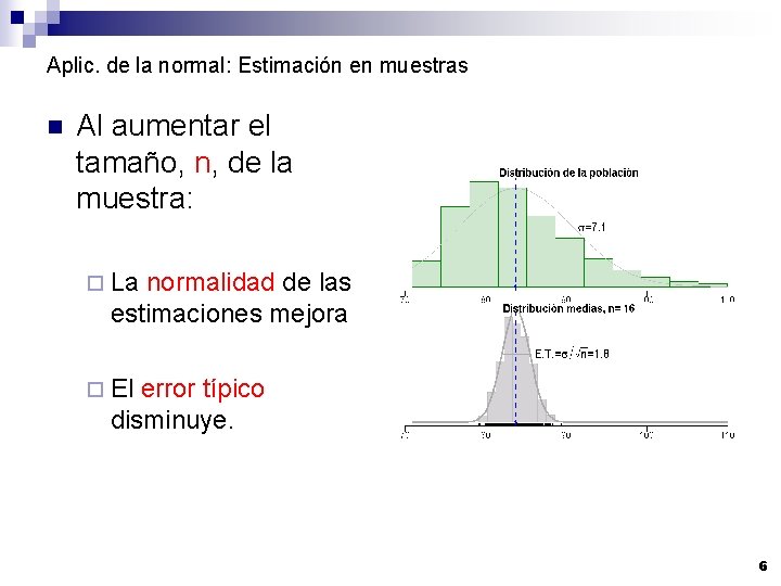 Aplic. de la normal: Estimación en muestras n Al aumentar el tamaño, n, de