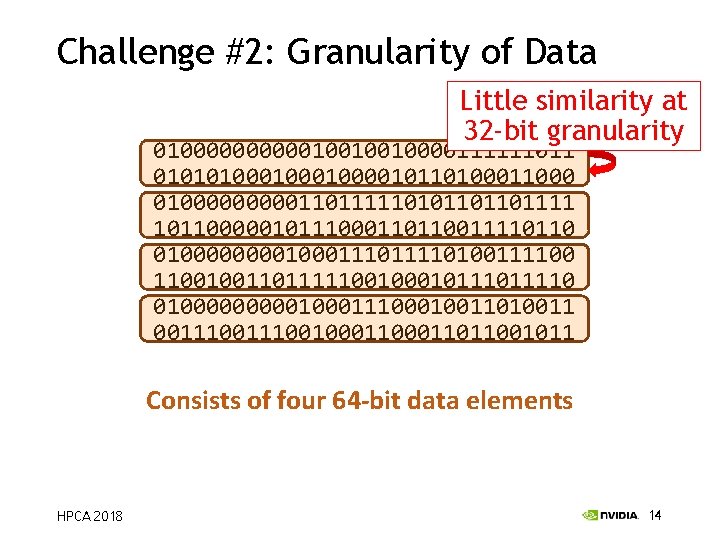 Challenge #2: Granularity of Data Little similarity at 32 -bit granularity 010000010010010000111111011 0101010001000010110100011000 0100000110111110101101101111