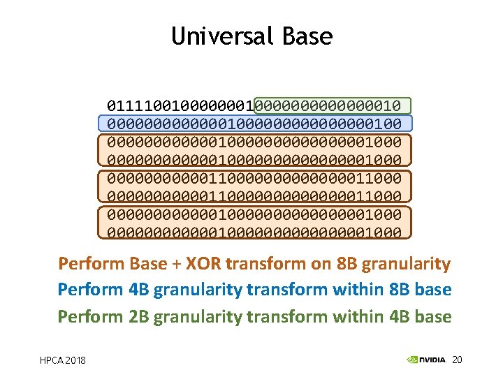 Universal Base 01111001000000010111100100000011 01111001000000000010 01111001000001010111100100000111 000000000000010000000000000001000 00000000000110000000000000011000 00000000000010000000000000001000 Perform Base + XOR transform on