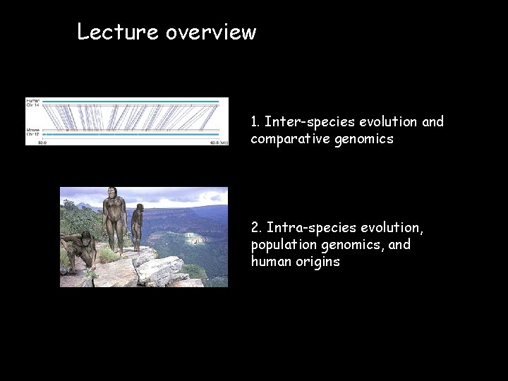 Lecture overview 1. Inter-species evolution and comparative genomics 2. Intra-species evolution, population genomics, and
