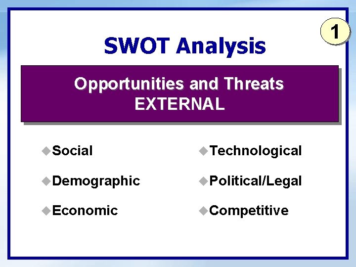 SWOT Analysis Opportunities and Threats EXTERNAL u. Social u. Technological u. Demographic u. Political/Legal