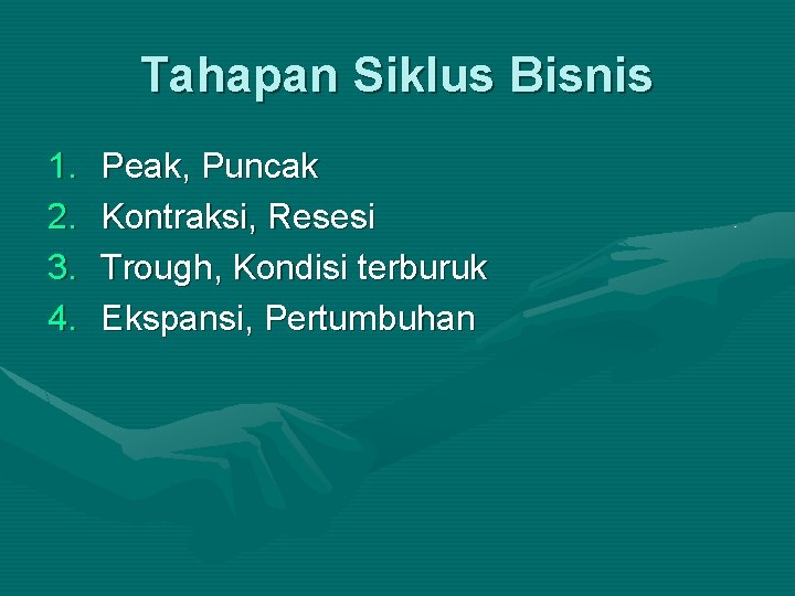 Tahapan Siklus Bisnis 1. 2. 3. 4. Peak, Puncak Kontraksi, Resesi Trough, Kondisi terburuk