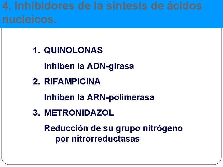 4. Inhibidores de la síntesis de ácidos nucleicos. 1. QUINOLONAS Inhiben la ADN-girasa 2.