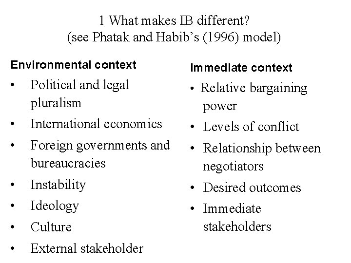 1 What makes IB different? (see Phatak and Habib’s (1996) model) Environmental context Immediate