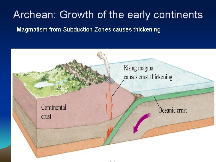 Archean: Growth of the early continents Magmatism from Subduction Zones causes thickening 