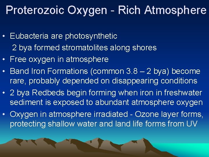 Proterozoic Oxygen - Rich Atmosphere • Eubacteria are photosynthetic 2 bya formed stromatolites along