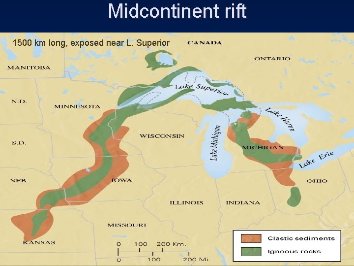 Midcontinent rift 1500 km long, exposed near L. Superior 