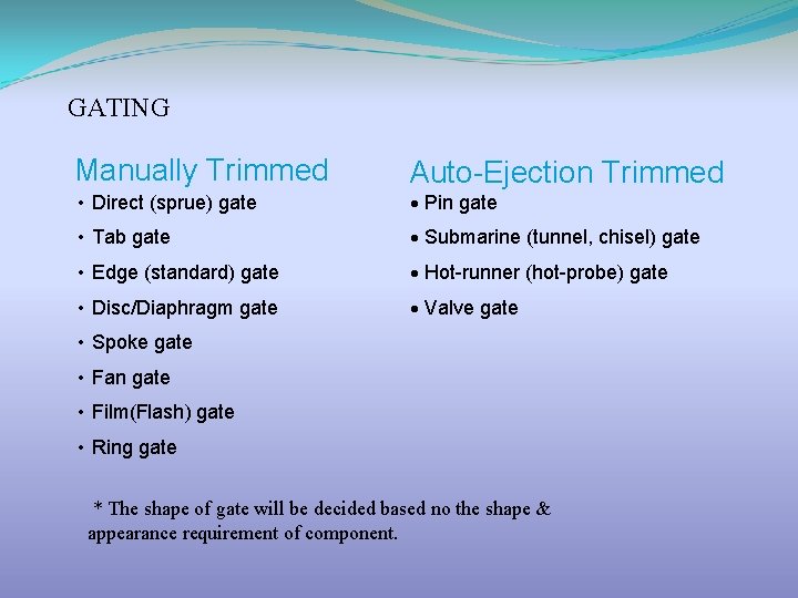 GATING Manually Trimmed Auto-Ejection Trimmed • Direct (sprue) gate · Pin gate • Tab