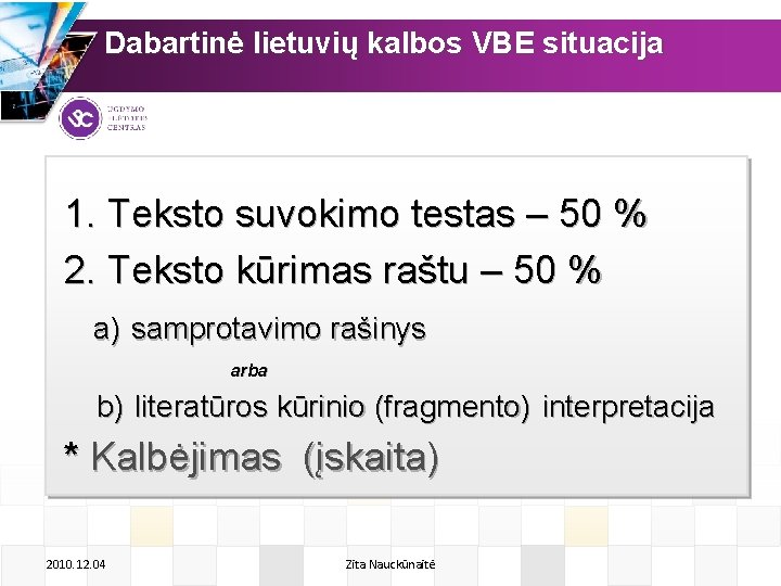 Dabartinė lietuvių kalbos VBE situacija 1. Teksto suvokimo testas – 50 % 2. Teksto