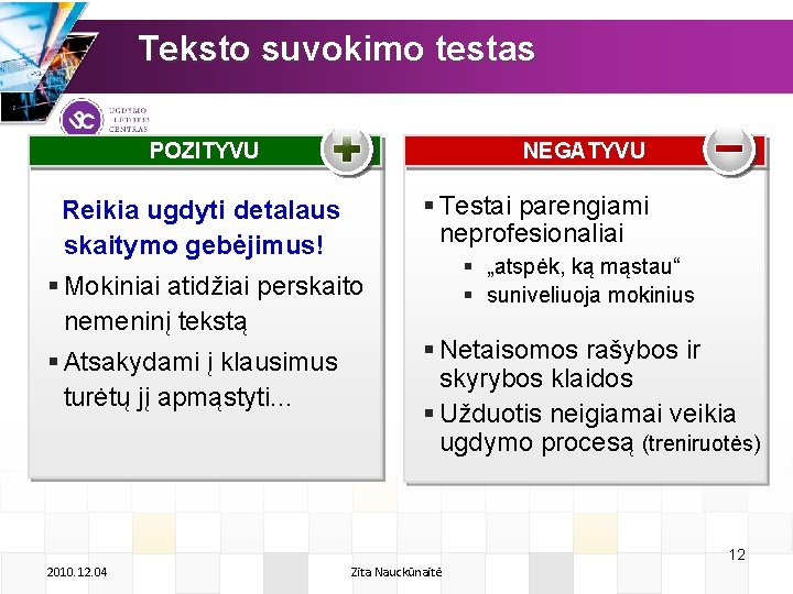 Teksto suvokimo testas Positive POZITYVU Negative NEGATYVU § Testai parengiami neprofesionaliai Reikia ugdyti detalaus