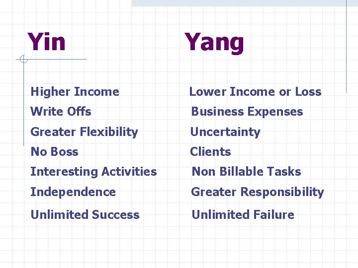 Yin Yang Higher Income Lower Income or Loss Write Offs Business Expenses Greater Flexibility