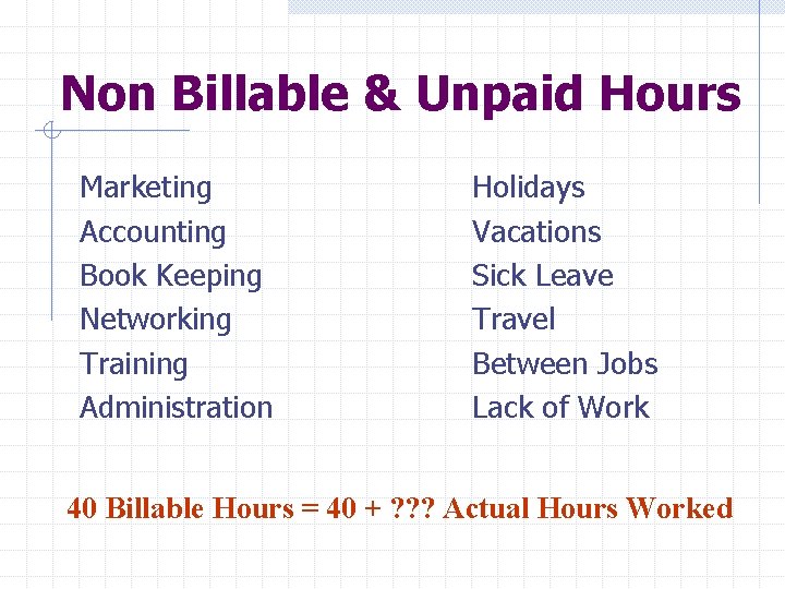 Non Billable & Unpaid Hours Marketing Accounting Book Keeping Networking Training Administration Holidays Vacations
