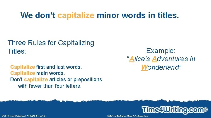 We don’t capitalize minor words in titles. Three Rules for Capitalizing Titles: Capitalize first