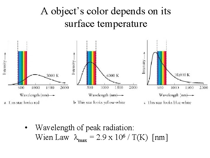 A object’s color depends on its surface temperature • Wavelength of peak radiation: Wien