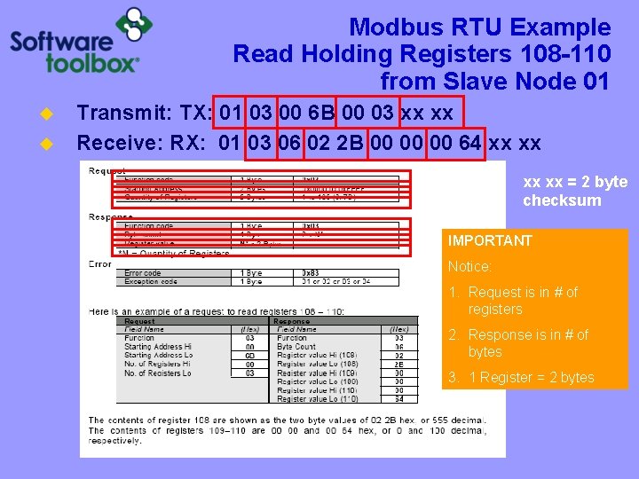 Modbus RTU Example Read Holding Registers 108 -110 from Slave Node 01 u u