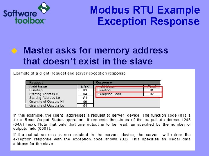 Modbus RTU Example Exception Response u Master asks for memory address that doesn’t exist Modbus RTU Example Exception Response u Master asks for memory address that doesn’t exist