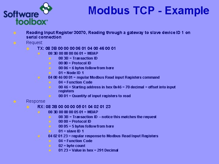 Modbus TCP - Example u u Reading Input Register 30070, Reading through a gateway
