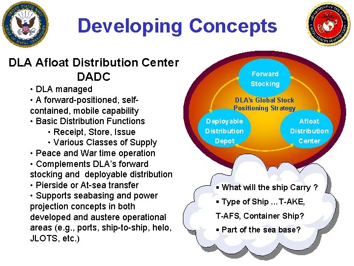 Developing Concepts DLA Afloat Distribution Center DADC • DLA managed • A forward-positioned, selfcontained,