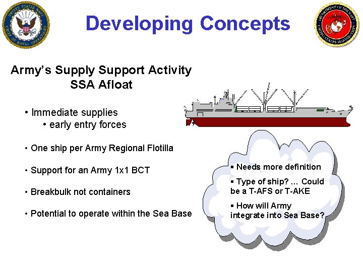 Developing Concepts Army’s Supply Support Activity SSA Afloat • Immediate supplies • early entry