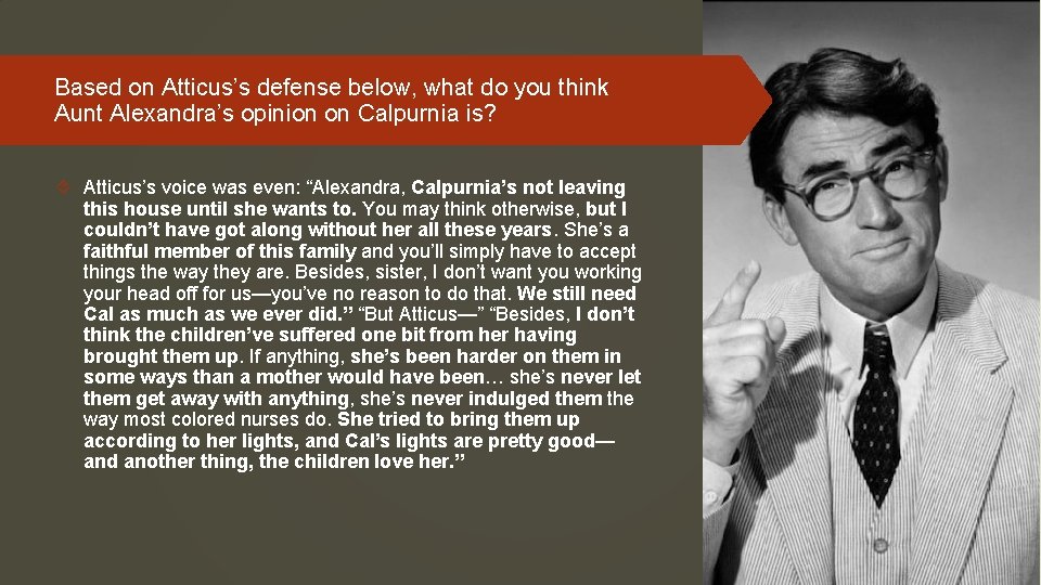 Based on Atticus’s defense below, what do you think Aunt Alexandra’s opinion on Calpurnia