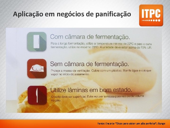 Aplicação em negócios de panificação Fonte: Encarte “Dicas para obter um pão perfeito”; Bunge