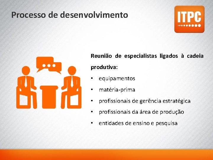 Processo de desenvolvimento Reunião de especialistas ligados à cadeia produtiva: • equipamentos • matéria-prima