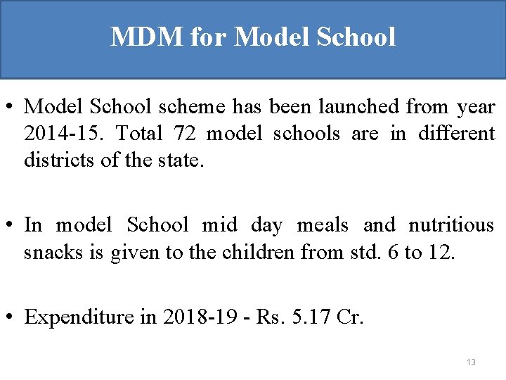MDM for Model School • Model School scheme has been launched from year 2014