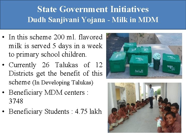 State Government Initiatives Dudh Sanjivani Yojana - Milk in MDM • In this scheme