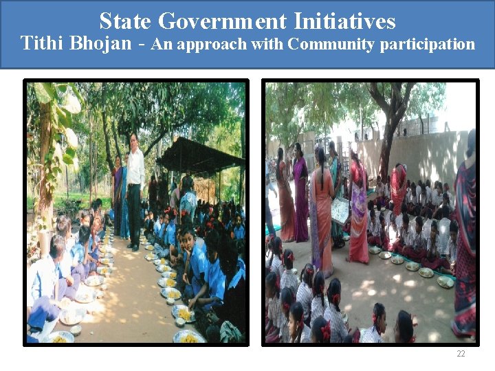 State Government Initiatives Tithi Bhojan - An approach with Community participation 22 