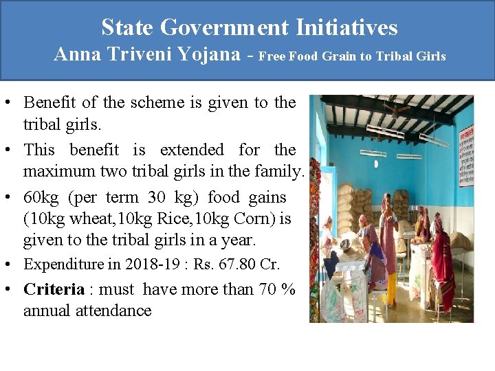  State Government Initiatives Anna Triveni Yojana - Free Food Grain to Tribal Girls