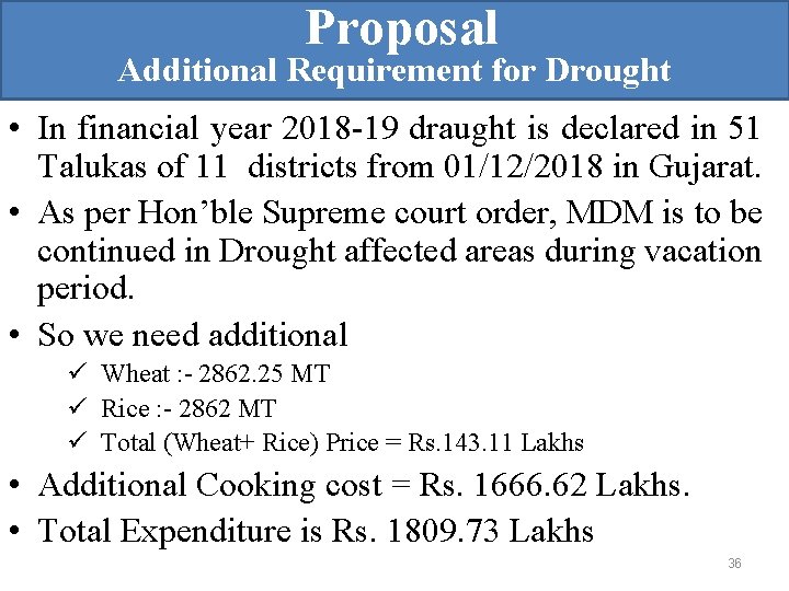 Proposal Additional Requirement for Drought • In financial year 2018 -19 draught is declared