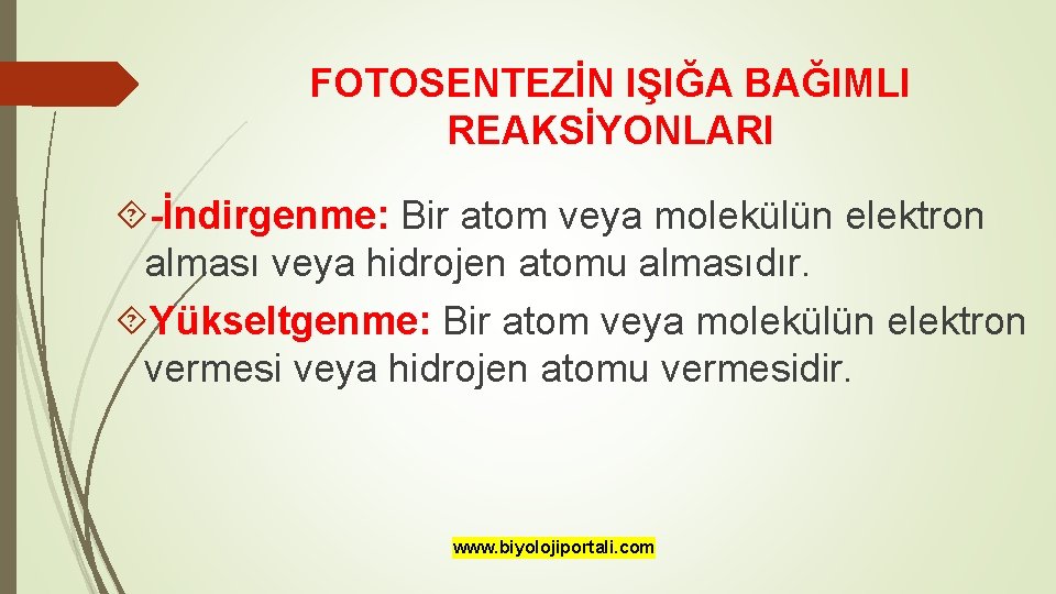 FOTOSENTEZİN IŞIĞA BAĞIMLI REAKSİYONLARI -İndirgenme: Bir atom veya molekülün elektron alması veya hidrojen atomu