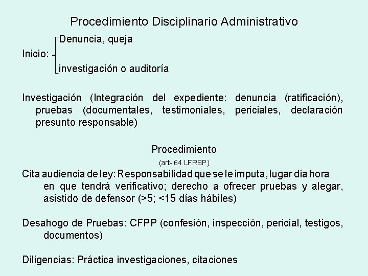 Procedimiento Disciplinario Administrativo Denuncia, queja Inicio: investigación o auditoría Investigación (Integración del expediente: denuncia