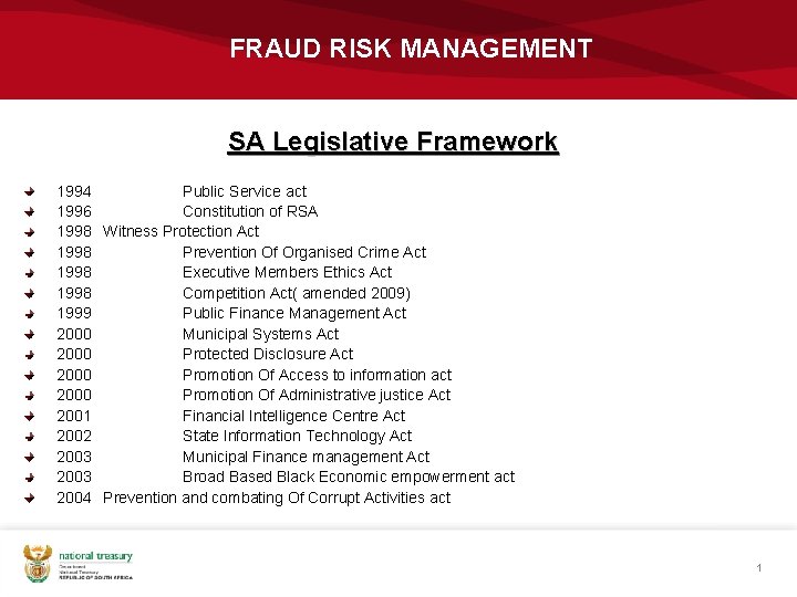 FRAUD RISK MANAGEMENT SA Legislative Framework 1994 Public Service act 1996 Constitution of RSA