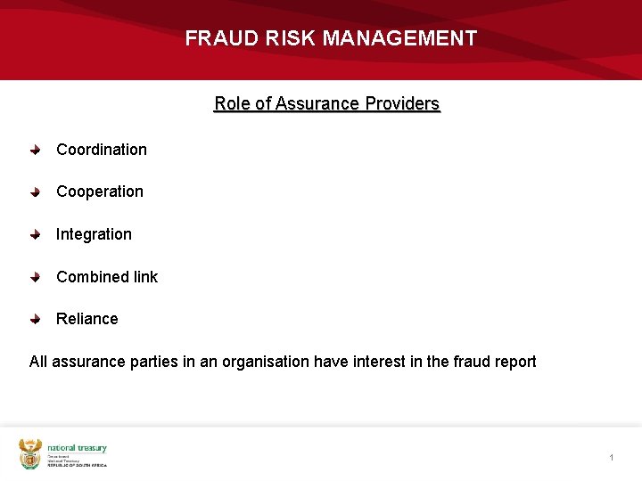 FRAUD RISK MANAGEMENT Role of Assurance Providers Coordination Cooperation Integration Combined link Reliance All