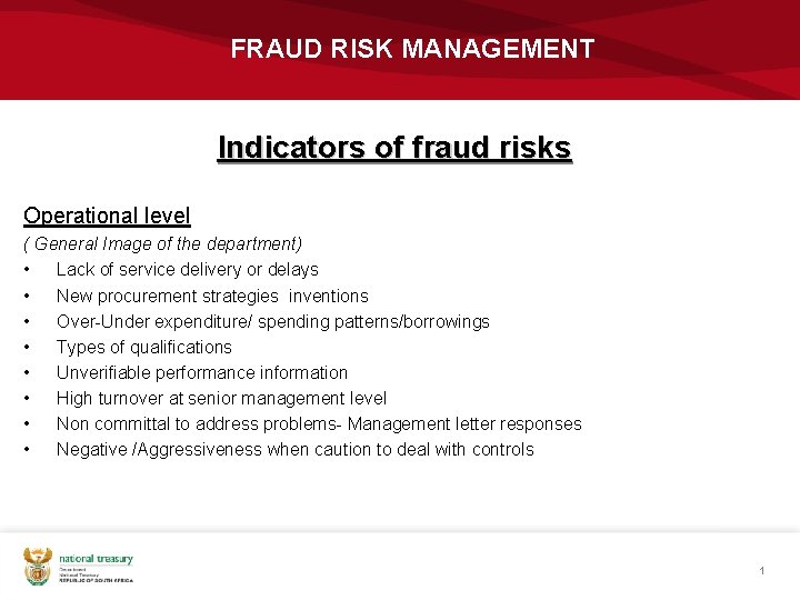 FRAUD RISK MANAGEMENT Indicators of fraud risks Operational level ( General Image of the
