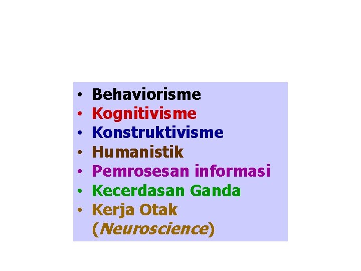  • • Behaviorisme Kognitivisme Konstruktivisme Humanistik Pemrosesan informasi Kecerdasan Ganda Kerja Otak (Neuroscience)