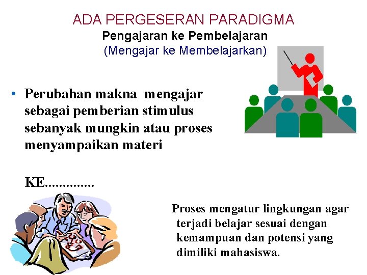 ADA PERGESERAN PARADIGMA Pengajaran ke Pembelajaran (Mengajar ke Membelajarkan) • Perubahan makna mengajar sebagai