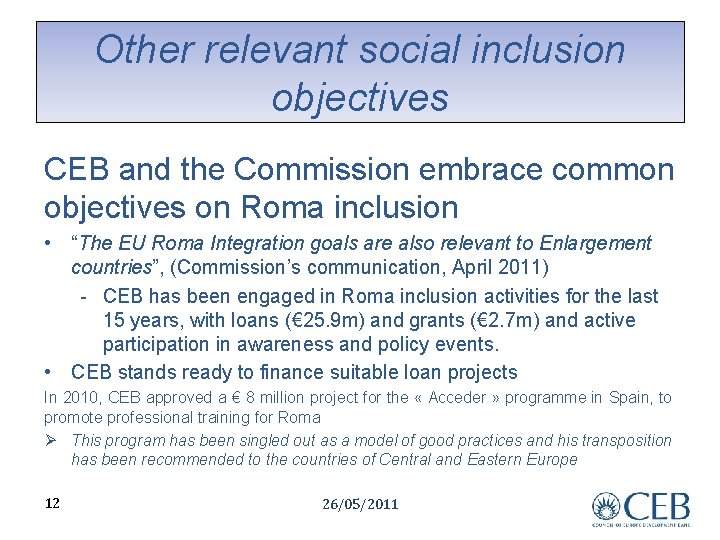 Other relevant social inclusion objectives CEB and the Commission embrace common objectives on Roma