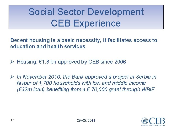 Social Sector Development CEB Experience Decent housing is a basic necessity, it facilitates access