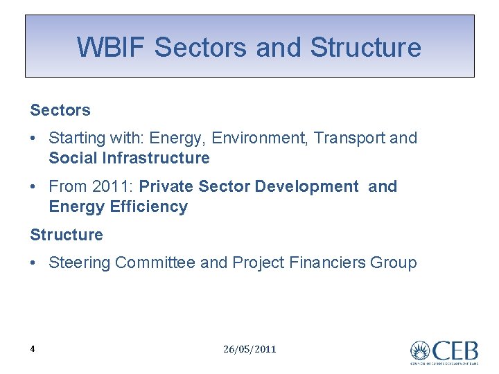 WBIF Sectors and Structure Sectors • Starting with: Energy, Environment, Transport and Social Infrastructure