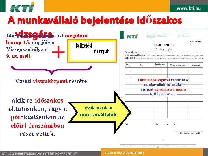 A munkavállaló bejelentése időszakos Időszakos vizsgáztatást megelőző vizsgára hónap 15. napjáig a Vizsgaszabályzat 9.